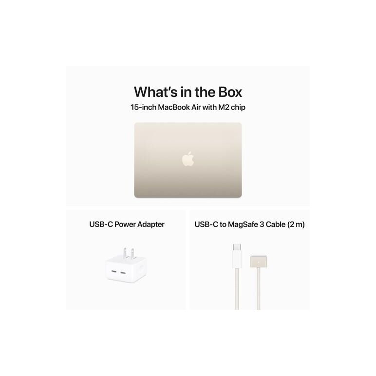 Macbook air 15.3" retina/ apple m2 (cpu 8- core, gpu 10- core, neural engine 16- core)/8gb/256gb (35w dual usb‑c port) - starlight - us kb (2023) (us power supply with included us-to-eu adapter),  Laptopuri | electropc.ro