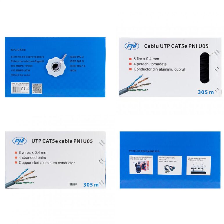 Cablu utp cat5e pni u05 cu 4 perechi pentru internet 1 gigabit si sisteme de supraveghere rola 305m,  Accesorii | electropc.ro