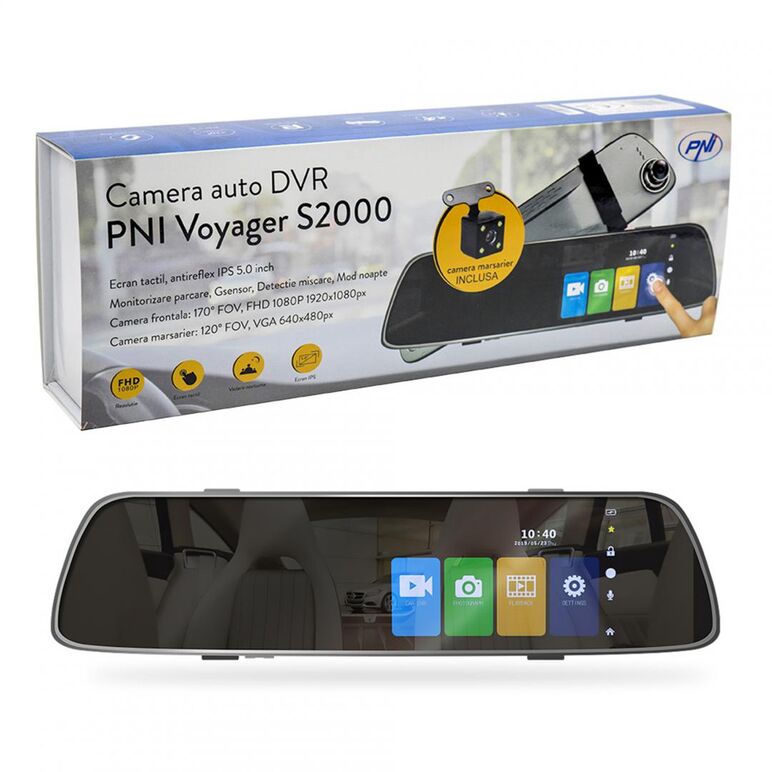 Camera auto dvr pni voyager s2000 full hd incorporata in oglinda retrovizoare 1080p 170 grade, 5 inch, touchscreen ips, aplicat pe oglinda retrovizoare si camera de mers inapoi 120 grade vga, mod noapte, mod parcare, slot card, full hd 12mp, ecran lcd 5",,  Camere auto | electropc.ro