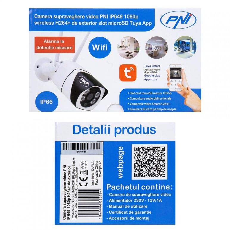 Camera supraveghere video pni ip649 cu ip, 2mp 1080p, wifi, slot card micro sd, compatibila cu aplicatia tuya smart, culoare:  alb / negru, senzor imagine:1/2.9" cmos f37, rezolutie: 1080p (1920 x 1080), tip lentila: f:3.6mm, compresie imagine: h.264+, mi,  Camere supraveghere IP | electropc.ro