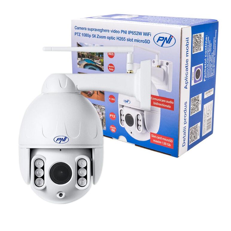 Camera supraveghere video pni ip652w wifi ptz 1080p 2mp 5x zoom optic, stand-alone, h265 slot microsd night vision 50m ip66 alarma detectie miscare comunicare audio bidirectionala, senzor: 1/2.8" sony307 cmos, rezolutie: 1920x1080, 640x352, 320x176, lenti,  Camere supraveghere IP | electropc.ro