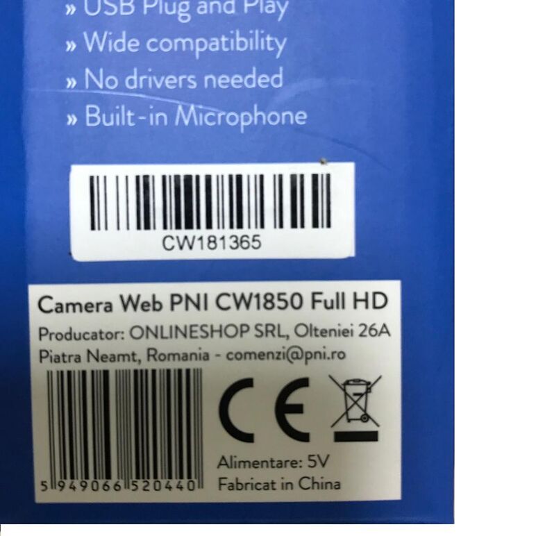 Camera web pni cw1850 full hd 1080p 2mp, usb, clip-on, microfon stereo incorporat, senzor:  cmos 1/3", unghi vizualizare: 90°, lentila: 3.6mm, dimensiune / greutate: 78 x 33 x 33 mm / 119 g, focus manual.,  Camere Web | electropc.ro