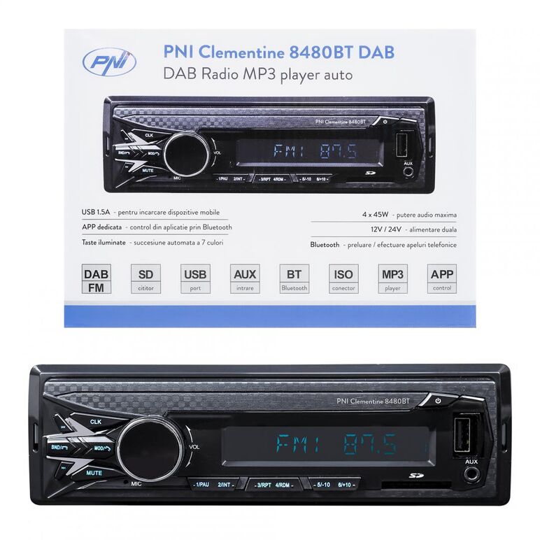 Dab si rds radio mp3 player auto pni clementine 8480bt 4x45w, 12/24v, 1 din, cu sd, usb, aux, rca, bluetooth si usb 1.5a pentru incarcare telefon, radio: fm/dab+, radio fm: 87.5mhz - 108.0mhz, radio dab: 174.928mhz - 239.200mhz, dimensiuni (l x h x a / gr,  Radio cu ceas & portabile | electropc.ro