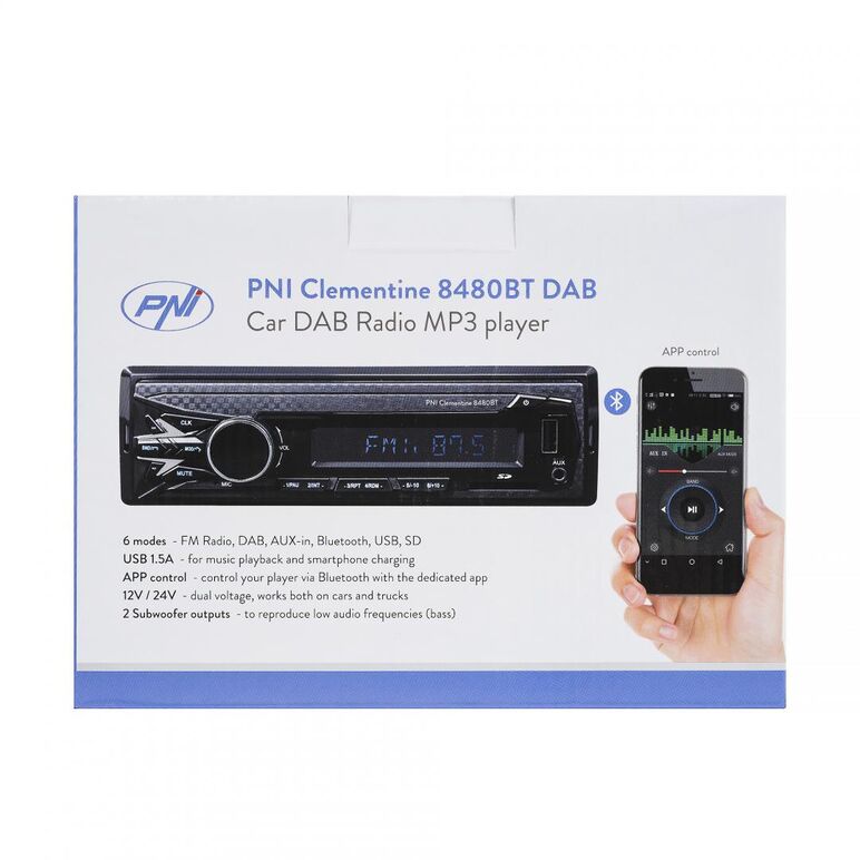 Dab si rds radio mp3 player auto pni clementine 8480bt 4x45w, 12/24v, 1 din, cu sd, usb, aux, rca, bluetooth si usb 1.5a pentru incarcare telefon, radio: fm/dab+, radio fm: 87.5mhz - 108.0mhz, radio dab: 174.928mhz - 239.200mhz, dimensiuni (l x h x a / gr,  Radio cu ceas & portabile | electropc.ro