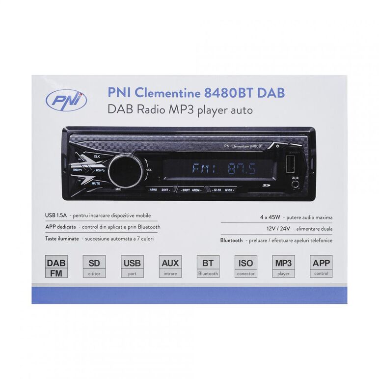 Dab si rds radio mp3 player auto pni clementine 8480bt 4x45w, 12/24v, 1 din, cu sd, usb, aux, rca, bluetooth si usb 1.5a pentru incarcare telefon, radio: fm/dab+, radio fm: 87.5mhz - 108.0mhz, radio dab: 174.928mhz - 239.200mhz, dimensiuni (l x h x a / gr,  Radio cu ceas & portabile | electropc.ro