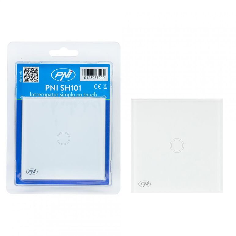 Intrerupator cu touch pni sh101 alb cu led indicator cu panoul frontal din sticla temperata transparenta, iar carcasa din spate rezistenta la foc. poate fi utilizata la o putere maxima de 100w pentru becurile cu led, iar pentru becurile clasice de maxim 2,  Smart home | electropc.ro