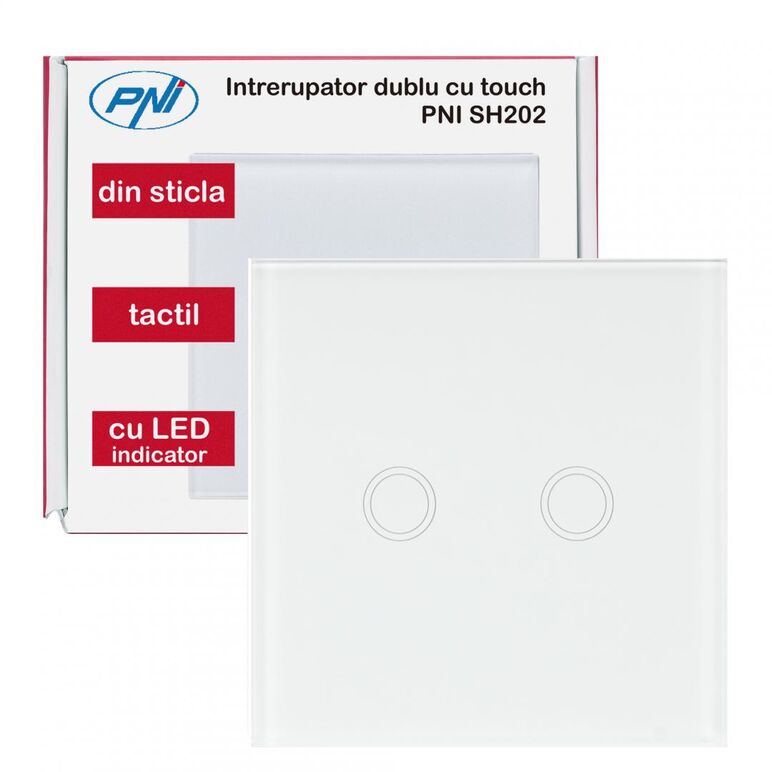 Intrerupator dublu cu touch pni sh202 din sticla, alb cu led indicator, butoane iluminate - butoane tactile - front din sticla, sarcina maxima suportata: 200 w, dimensiuni: 85 x 35 x 85 mm, greutate: 120g,,  Smart home | electropc.ro