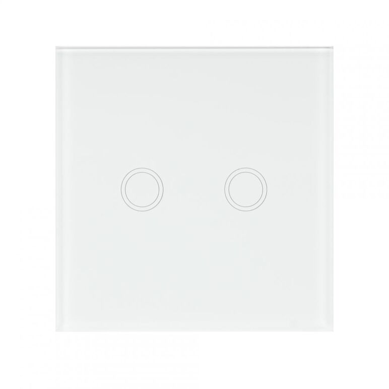 Intrerupator dublu cu touch pni sh202 din sticla, alb cu led indicator, butoane iluminate - butoane tactile - front din sticla, sarcina maxima suportata: 200 w, dimensiuni: 85 x 35 x 85 mm, greutate: 120g,,  Smart home | electropc.ro