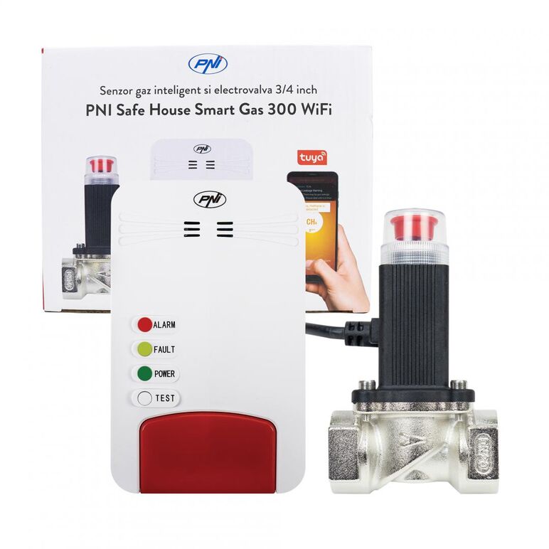 Kit senzor gaz inteligent si electrovalva pni safe house smart gas 300 wifi cu alertare sonora, aplicatie de mobil tuya smart, integrare in scenarii si automatizari smart cu alte produse compatibile tuya,  Senzori | electropc.ro