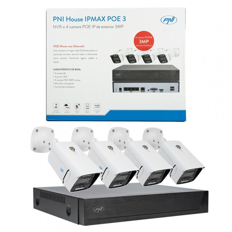 Kit supraveghere video pni house ipmax poe 3, nvr cu 4 porturi poe, onvif si 4 camere cu ip 3mp, de exterior, power over ethernet, detectie chip, detectie miscare, 4 cabluri, alimentator, mouse, intrari video: 4 x poe max. 4k, iesiri video: 1 x vga, 1 x h,  Camere supraveghere IP | electropc.ro