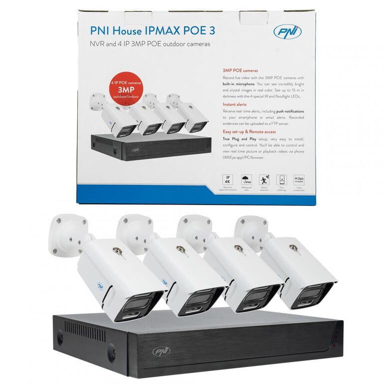 Kit supraveghere video pni house ipmax poe 3, nvr cu 4 porturi poe, onvif si 4 camere cu ip 3mp, de exterior, power over ethernet, detectie chip, detectie miscare, 4 cabluri, alimentator, mouse, intrari video: 4 x poe max. 4k, iesiri video: 1 x vga, 1 x h,  Camere supraveghere IP | electropc.ro
