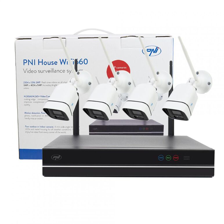 Kit supraveghere video pni house wifi660 nvr 8 canale si 4 camere wireless de exterior 3mp, p2p, ip66, intrari video: 8, iesiri video: 1 x vga, 1 x hdmi, redare: 1080p full hd, rezolutie inregistrare: 4 x 5mp / 8 x 3mp, iesiri audio: 1 x 3.5 mm, compresie,  Camere supraveghere IP | electropc.ro