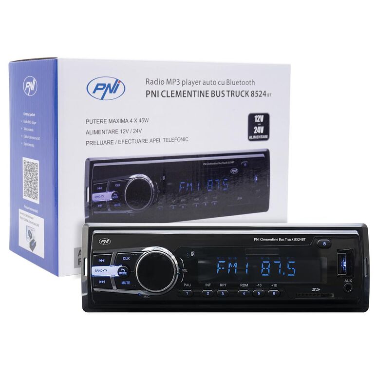 Radio mp3 player auto pni clementine bus truck 8524bt rds 4x45w 12v/24v 1 din cu sd, usb, aux, rca si bluetooth, putere maxima audio (w) 4 x 45, radio:  am/fm 87.5 - 108 mhz, usb 2.0 (max 32gb), microsd (max 32gb), aux in (3.5mm mini jack), redare fisiere,  Radio cu ceas & portabile | electropc.ro