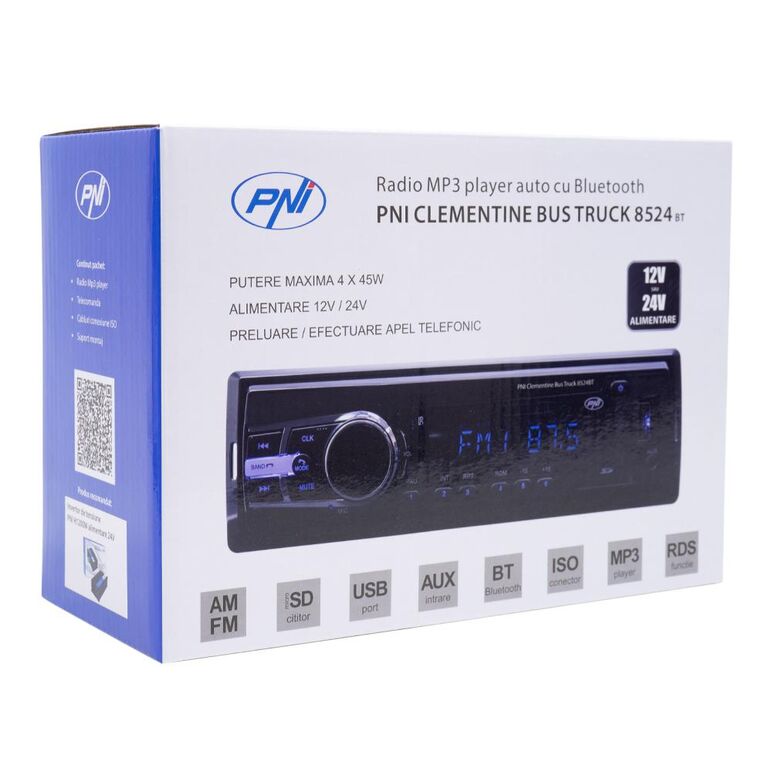 Radio mp3 player auto pni clementine bus truck 8524bt rds 4x45w 12v/24v 1 din cu sd, usb, aux, rca si bluetooth, putere maxima audio (w) 4 x 45, radio:  am/fm 87.5 - 108 mhz, usb 2.0 (max 32gb), microsd (max 32gb), aux in (3.5mm mini jack), redare fisiere,  Radio cu ceas & portabile | electropc.ro