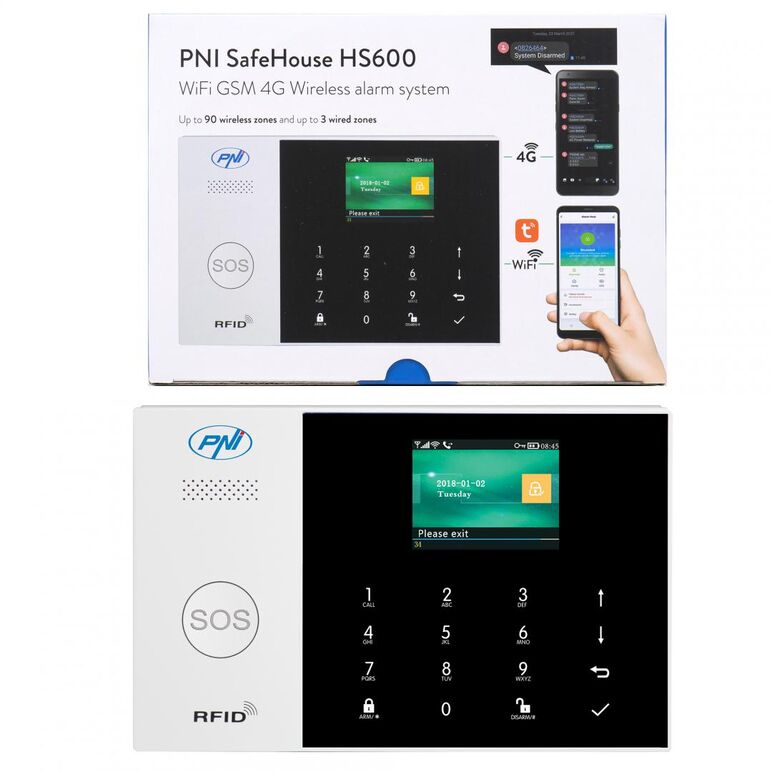 Sistem de alarma wireless pni safehouse hs600 wifi gsm 4g, suporta 90 zone wireless si 3 zone cu fir, compatibil cu aplicatia tuya smart, alerta prin sms, apel vocal, notificare pe telefon, zone wireless: 90, zone cablate: 3, comunicator: 4g gsm, numere d,  Centrale si tastaturi | electropc.ro