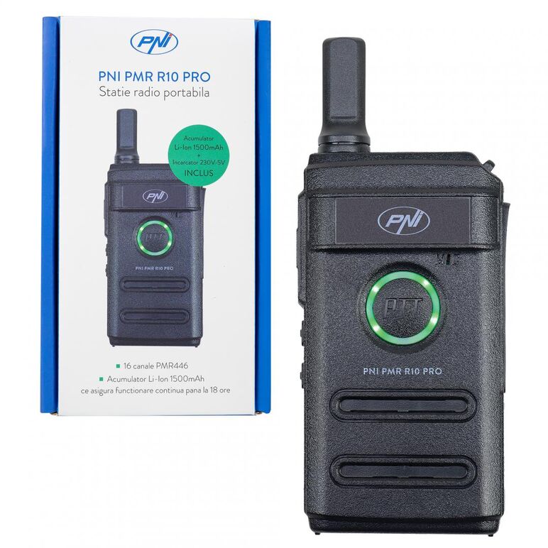 Statie radio portabila pni pmr r10 pro, 446mhz,0.5w, monitor, scan, coduri ctcss dcs, distanta de lucru: 5km, 16 canale, putere de emisie: 0.5w,  acumulator li-ion 3,7 v (1500 mah), dimensiuni: 52 x 20 x 122 mm (antena inclusa), greutate: 88g,  Radio cu ceas & portabile | electropc.ro