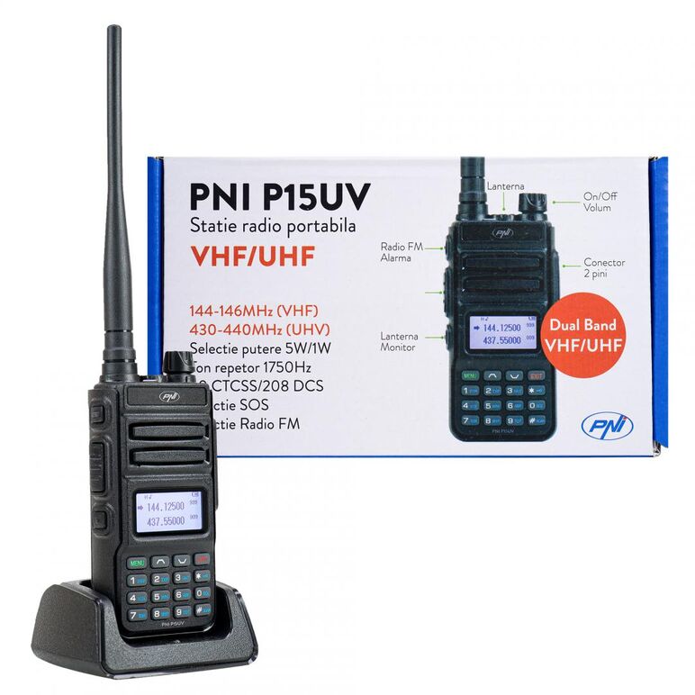 Statie radio portabila vhf/uhf pni p15uv dual band, pni-p15uv, 144-146mhz/430-440mhz, 999ch, cu acumulator 1500 mah, canale programabile: 999, pas frecventa: 2.5/5/6.25/10/12.5/25khz, capacitate baterie: 1500mah li-ion, antena: 50 ohmi, dimensiuni:  57 x ,  Radio cu ceas & portabile | electropc.ro
