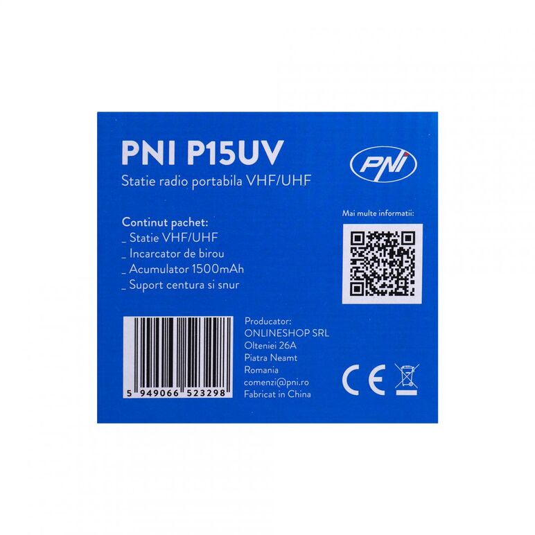 Statie radio portabila vhf/uhf pni p15uv dual band, pni-p15uv, 144-146mhz/430-440mhz, 999ch, cu acumulator 1500 mah, canale programabile: 999, pas frecventa: 2.5/5/6.25/10/12.5/25khz, capacitate baterie: 1500mah li-ion, antena: 50 ohmi, dimensiuni:  57 x ,  Radio cu ceas & portabile | electropc.ro
