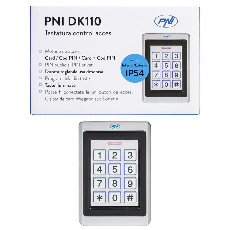 Tastatura control acces pni dk110, stand alone, exterior si interior, ip54, tastatura iluminata, aliaj de zinc, ip54, cititor card, dimensiuni: 75 x 120 x 25 mm / 380 gr,,  Incuietori | electropc.ro