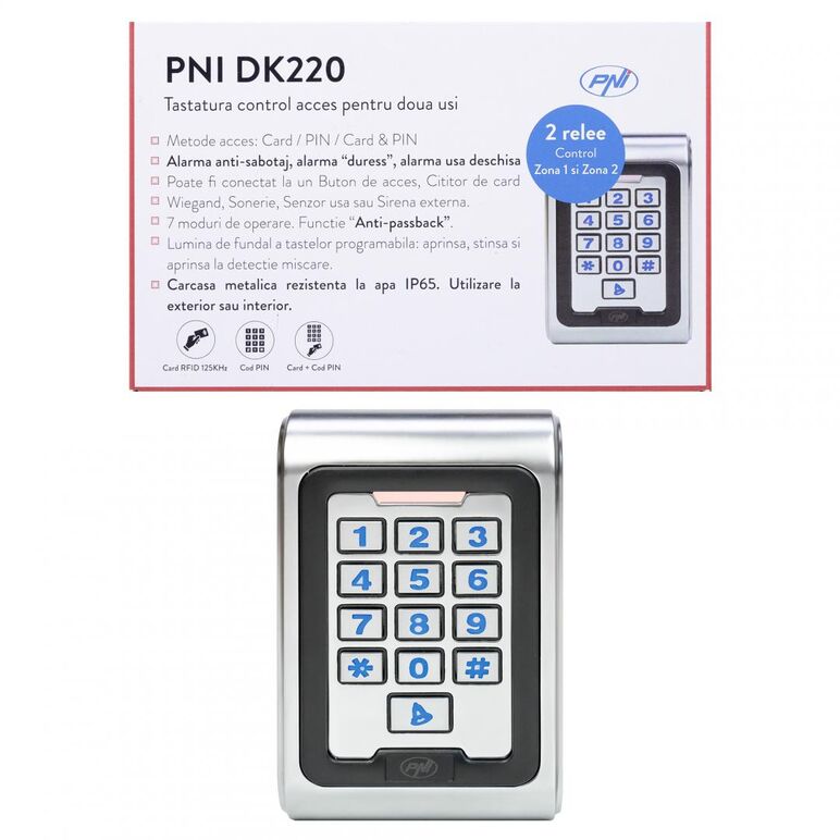 Tastatura control acces pni dk220, stand alone, exterior si interior, ip65, cu 2 relee, culoare: negru/argintiu, aliaj de zinc,ip65, cititor card, 75 x 25 x 120 mm / 500 gr, 2000 utilizatori,  Incuietori | electropc.ro
