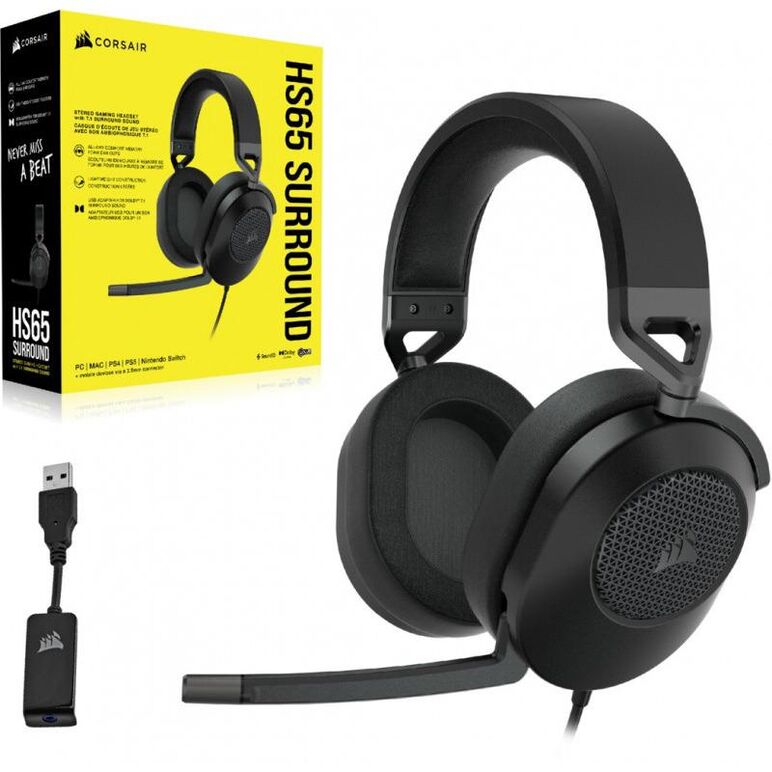 Casti gaming cu microfon corsair hs65 surround, dolby audio 7.1, over- head, 20hz - 20 khz, 32k ohms @ 1 khz, lungime cablu: 1.8m, adaptor 3.5mm la usb, carbon,  Casti audio | electropc.ro