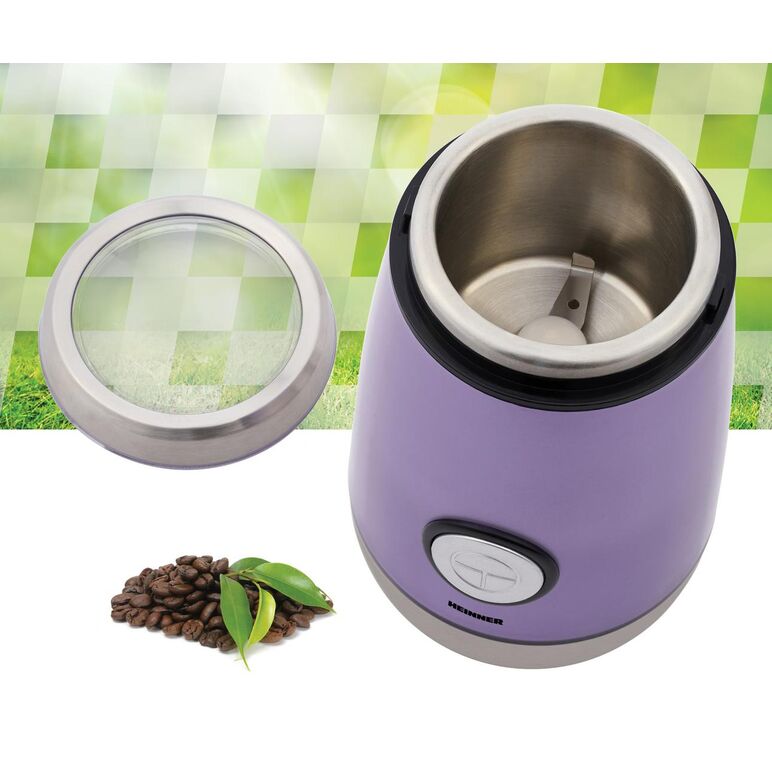 Rasnita electrica heinner hcg-150mov, catacitate 50g, putere 150w, interior din inox, lamne din inox, sisdtem de siguranta, buton on/off, mov sidefat,  Rasnite | electropc.ro